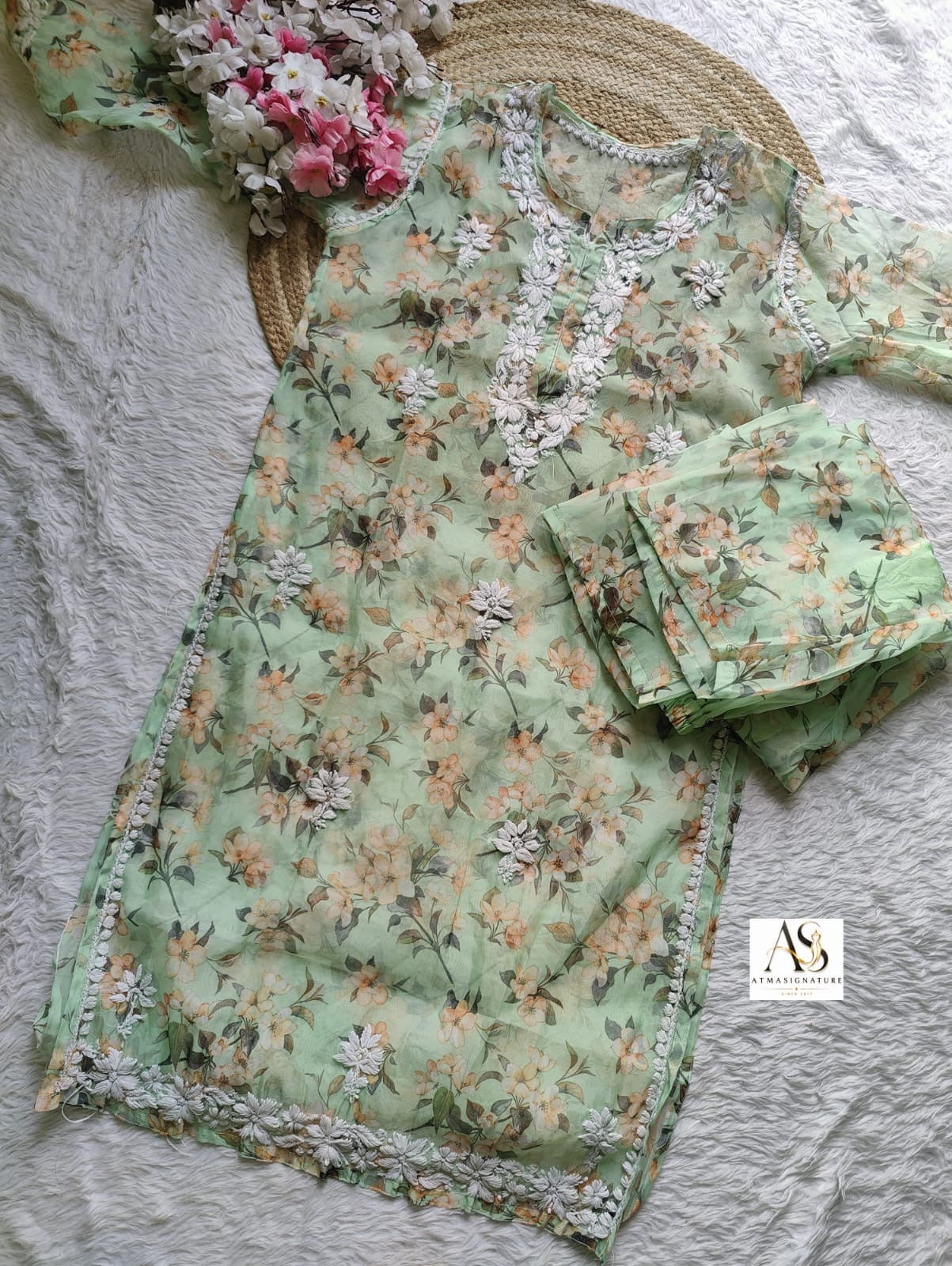 Ayla Floral Organza Chikankari Kurti Palazzo Set