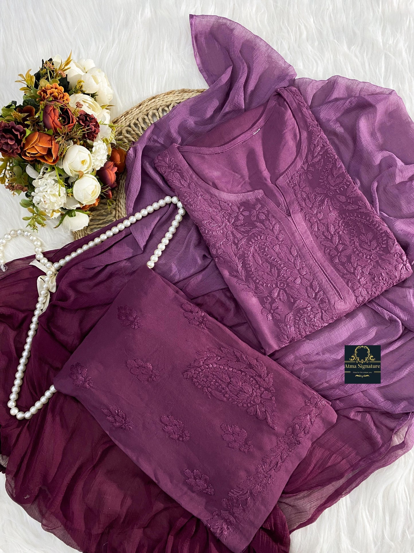 Ombre dyed chikankari kurti palazzo duppata set