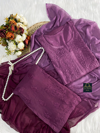 Ombre dyed chikankari kurti palazzo duppata set