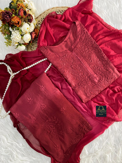 Ombre dyed chikankari kurti palazzo duppata set