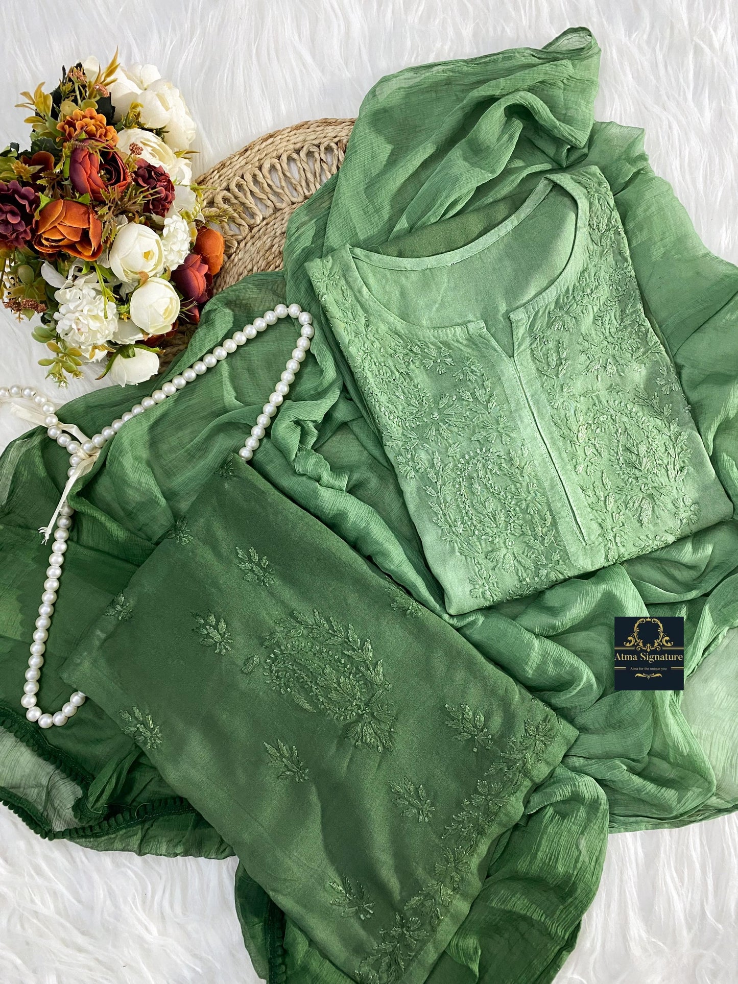 Ombre dyed chikankari kurti palazzo duppata set