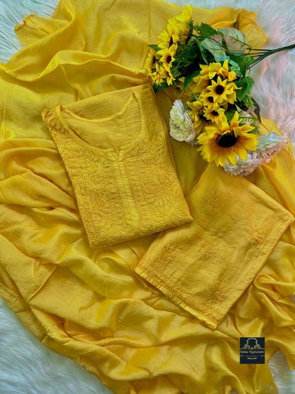 Chanderi silk chikankari handworked kurti palazzo duppata set