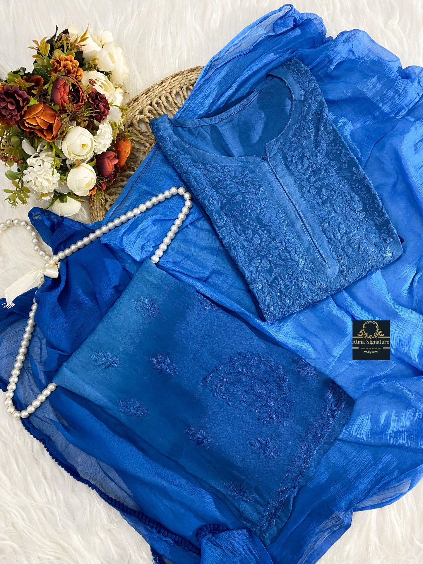 Ombre dyed chikankari kurti palazzo duppata set