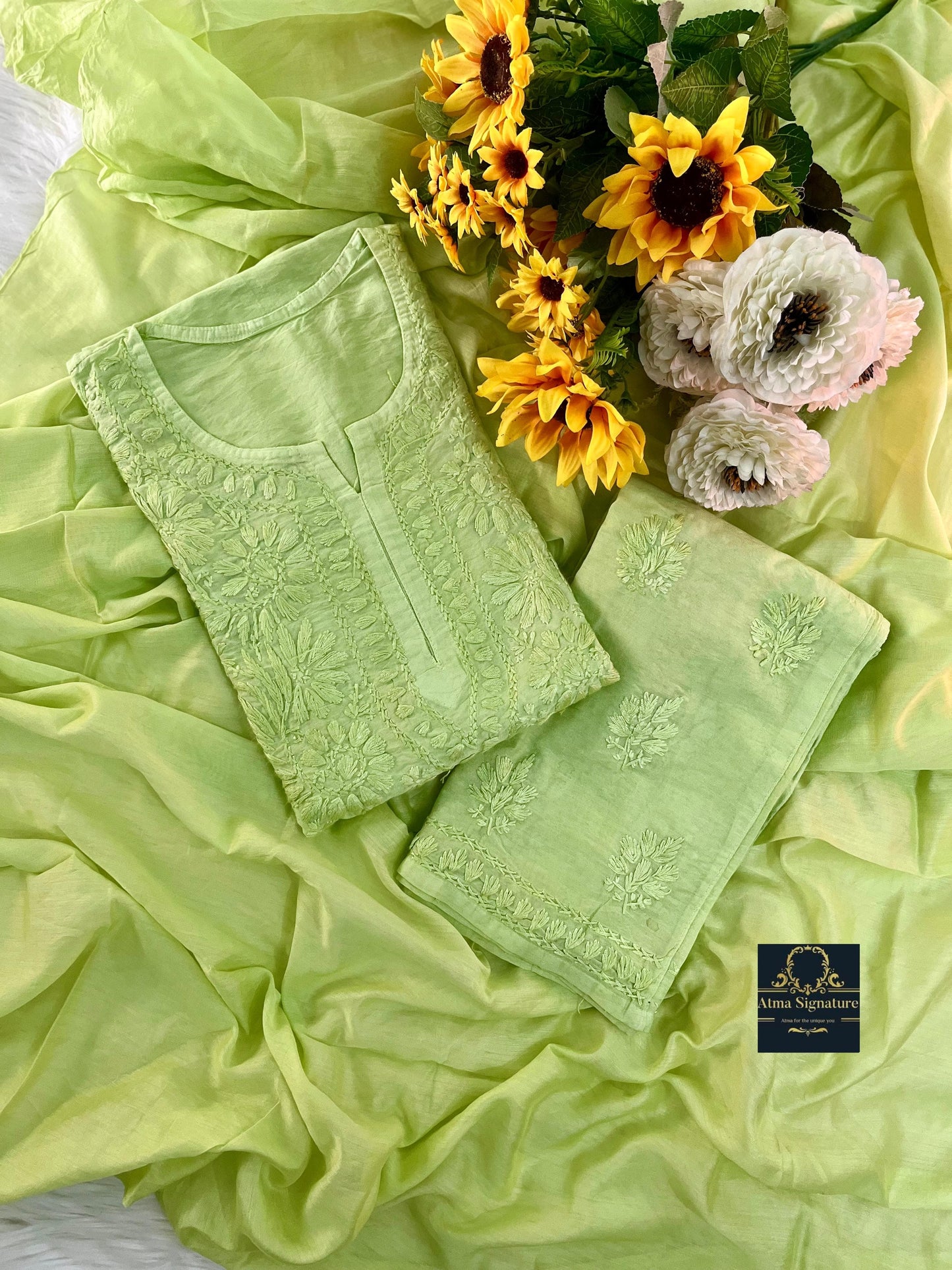 Chanderi silk chikankari handworked kurti palazzo duppata set