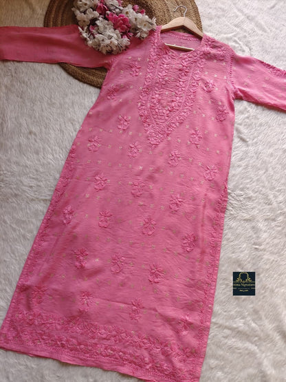 Premium chanderi silk zari buta chikankari kurti