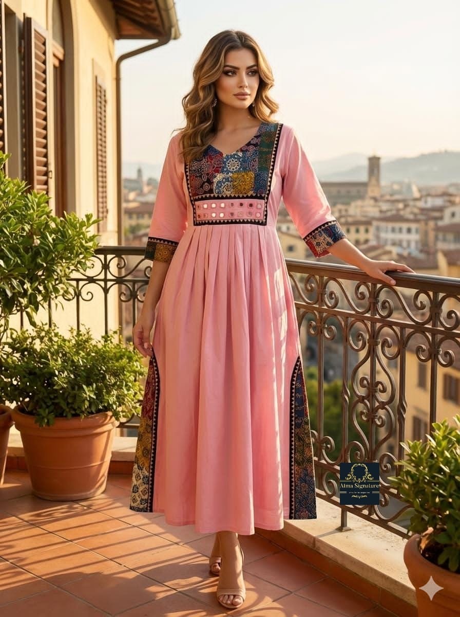 Soft cotton ajrakh mirror worked Kurti/ frock