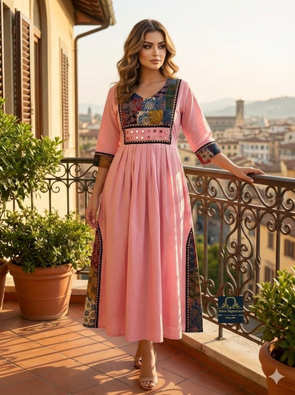 Soft cotton ajrakh mirror worked Kurti/ frock