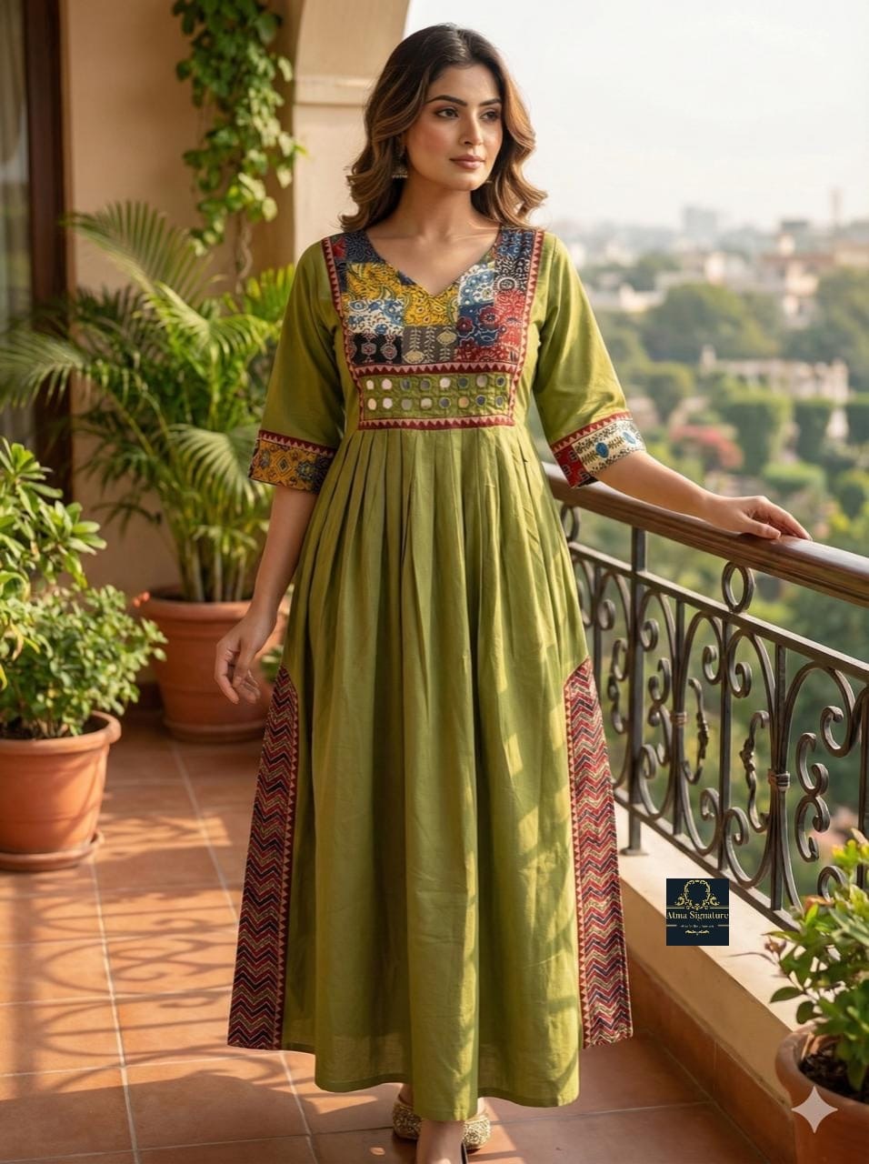 Soft cotton ajrakh mirror worked Kurti/ frock