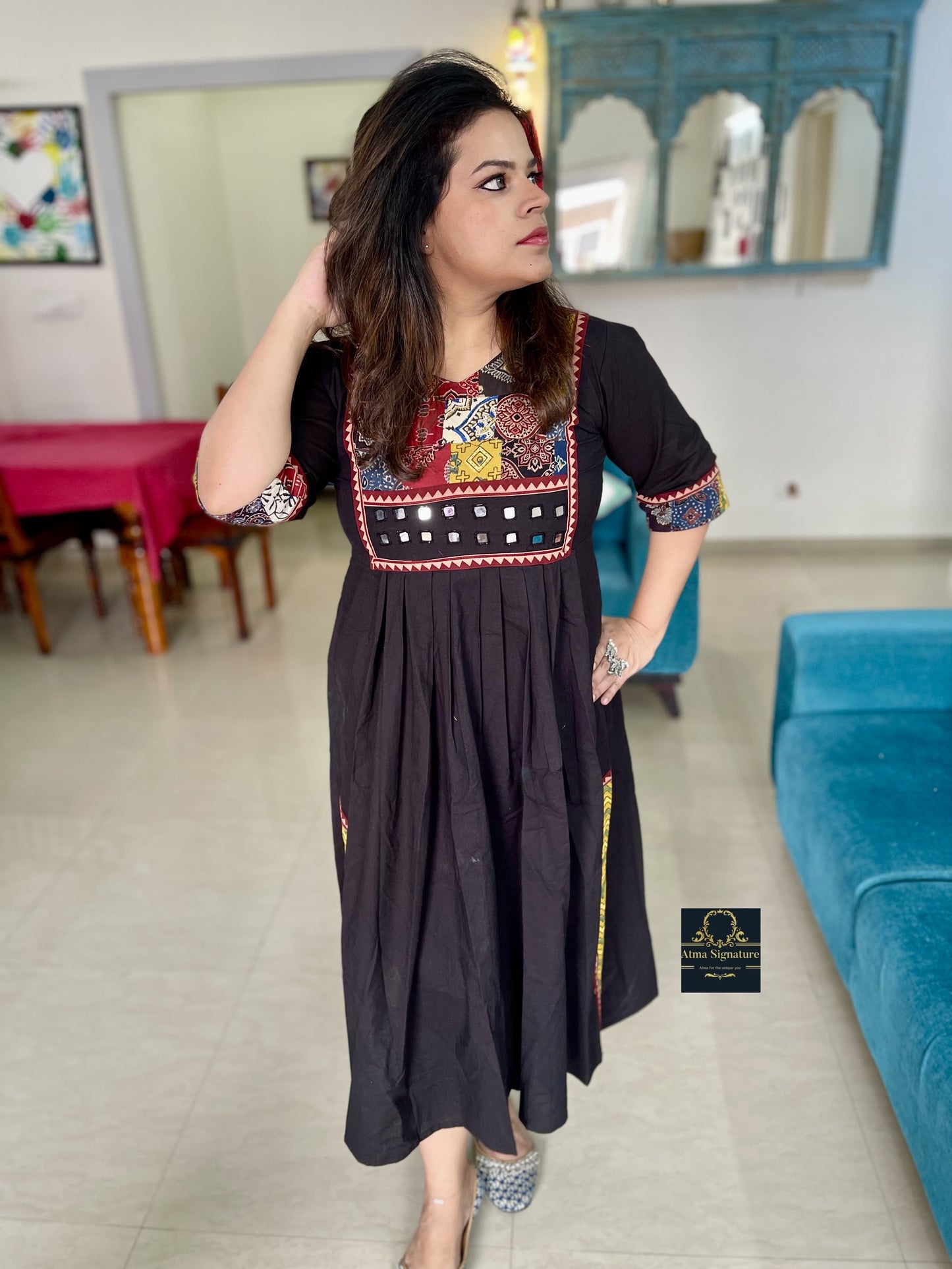 Soft cotton ajrakh mirror worked Kurti/ frock