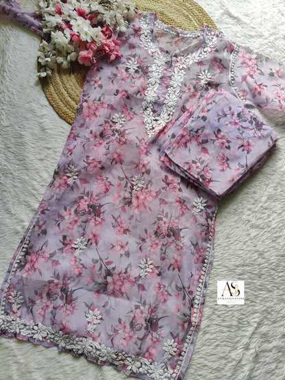 Ayla Floral Organza Chikankari Kurti Palazzo Set