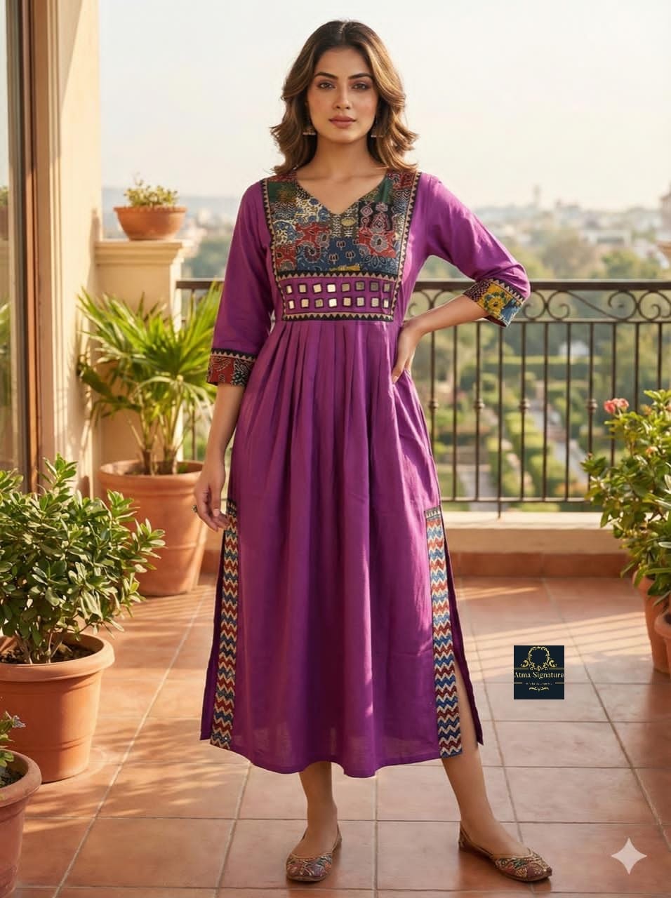 Soft cotton ajrakh mirror worked Kurti/ frock