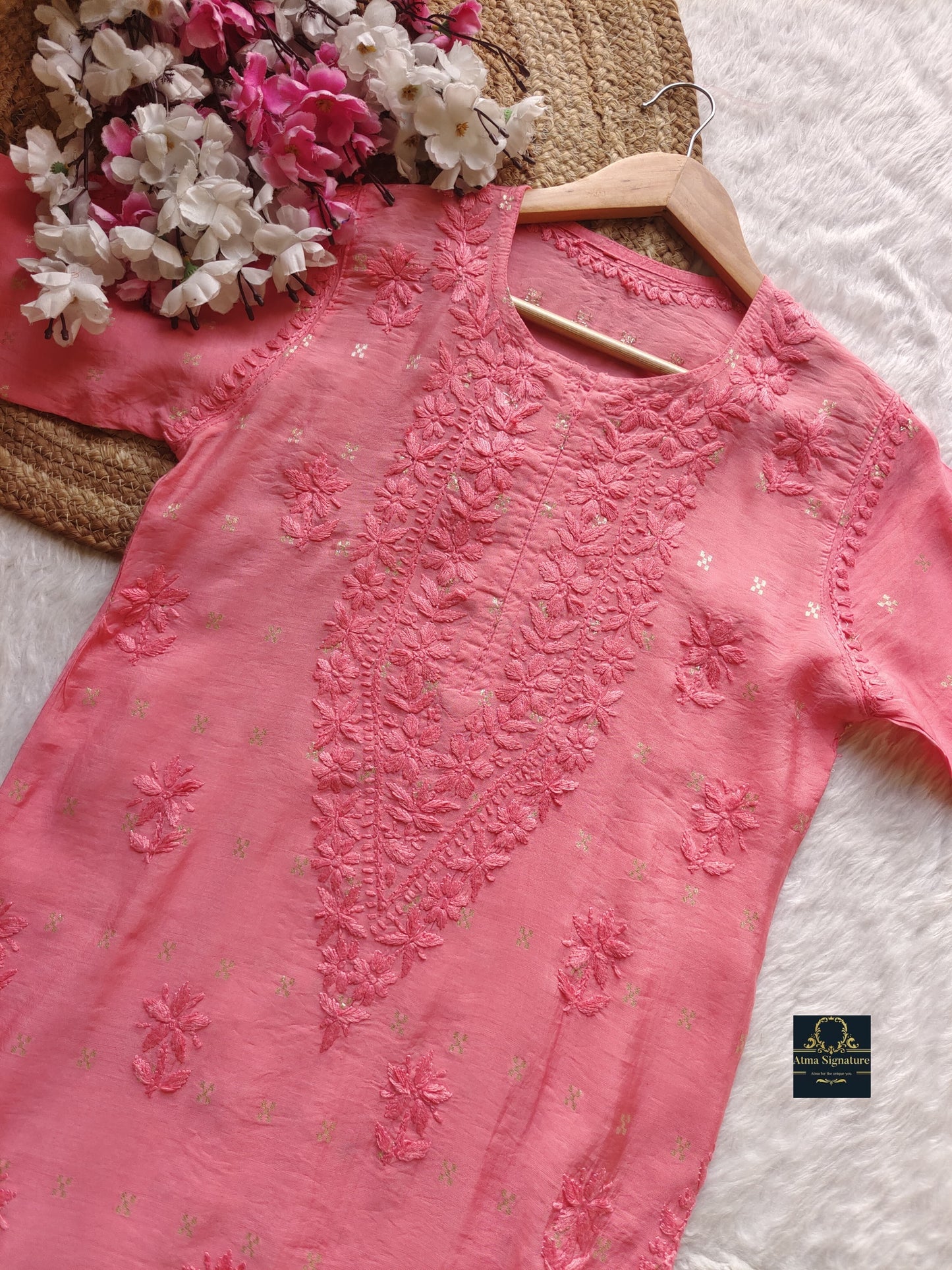 Premium chanderi silk zari buta chikankari kurti