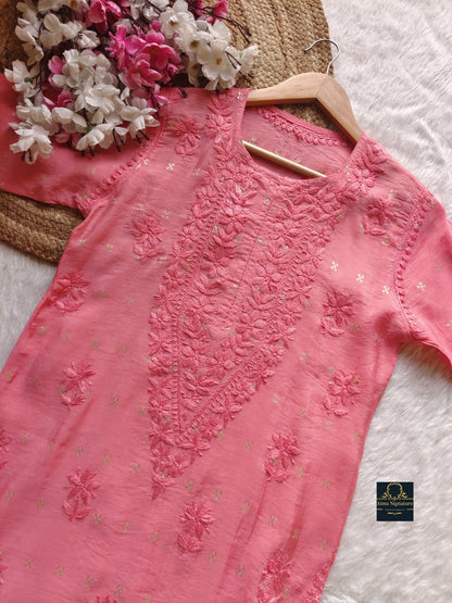 Premium chanderi silk zari buta chikankari kurti