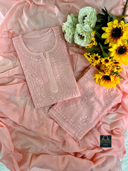 Chanderi silk chikankari handworked kurti palazzo duppata set