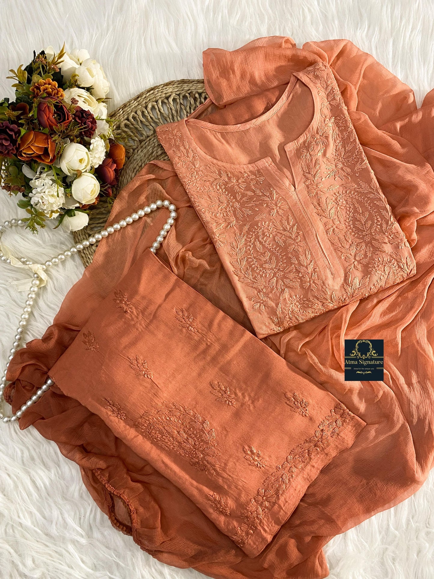 Ombre dyed chikankari kurti palazzo duppata set