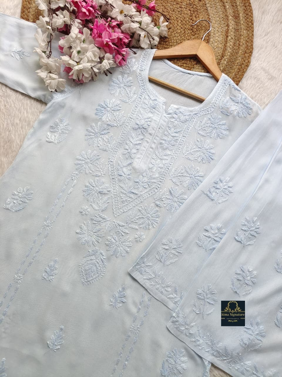 ✨ Handcrafted Rayon Chikankari Kurti Palazzo Set ✨