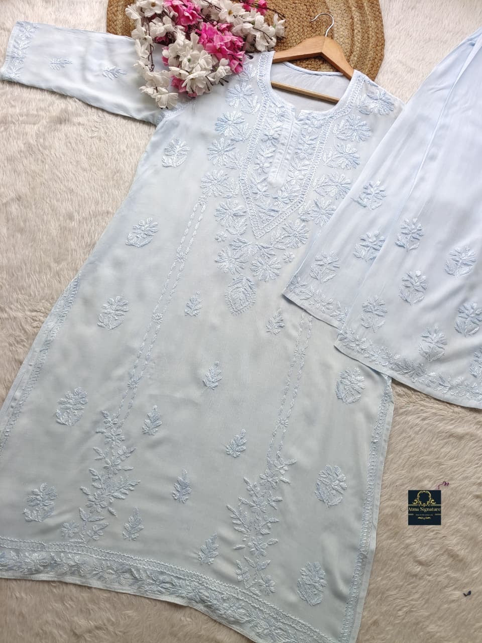✨ Handcrafted Rayon Chikankari Kurti Palazzo Set ✨