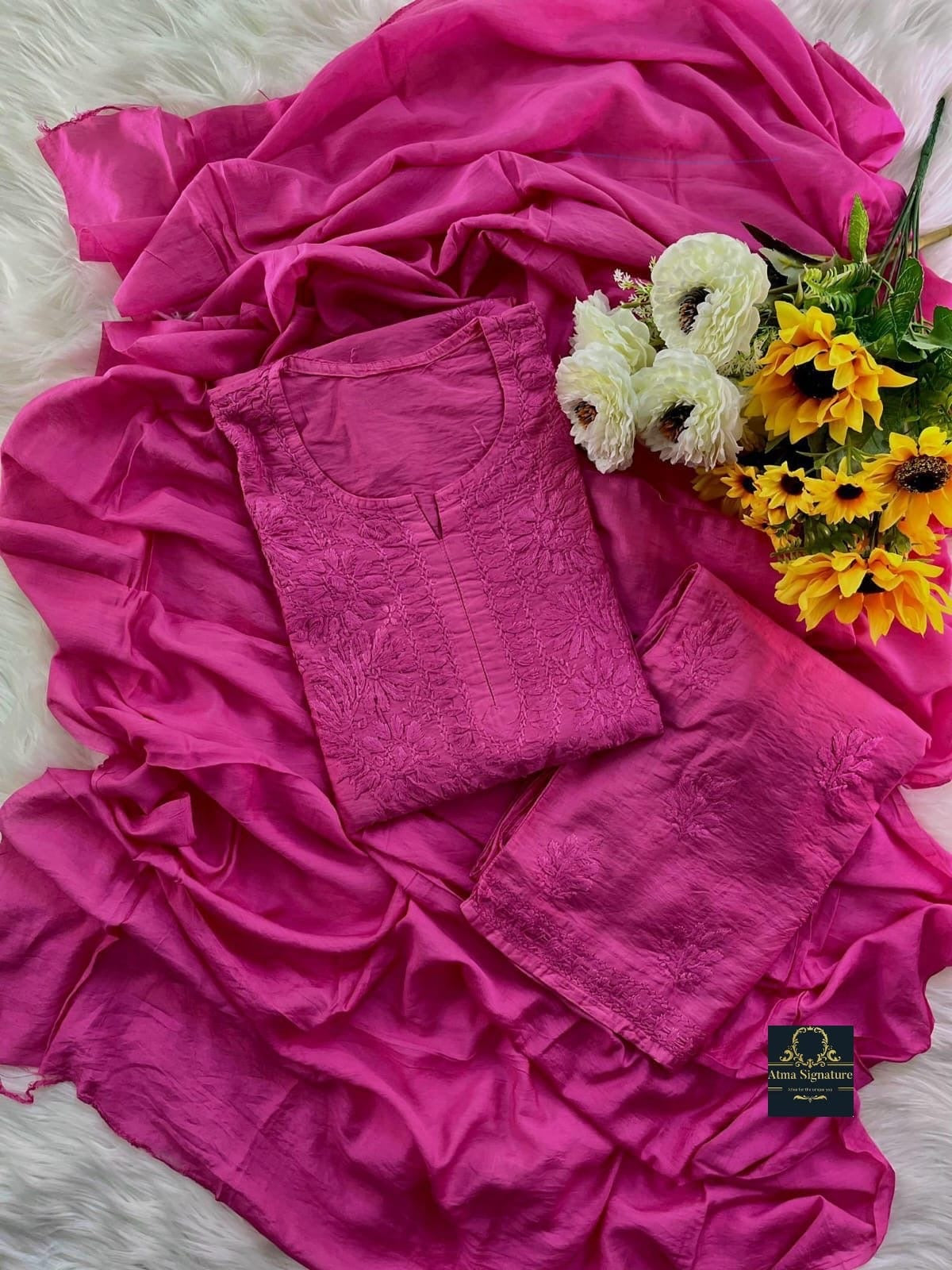 Chanderi silk chikankari handworked kurti palazzo duppata set