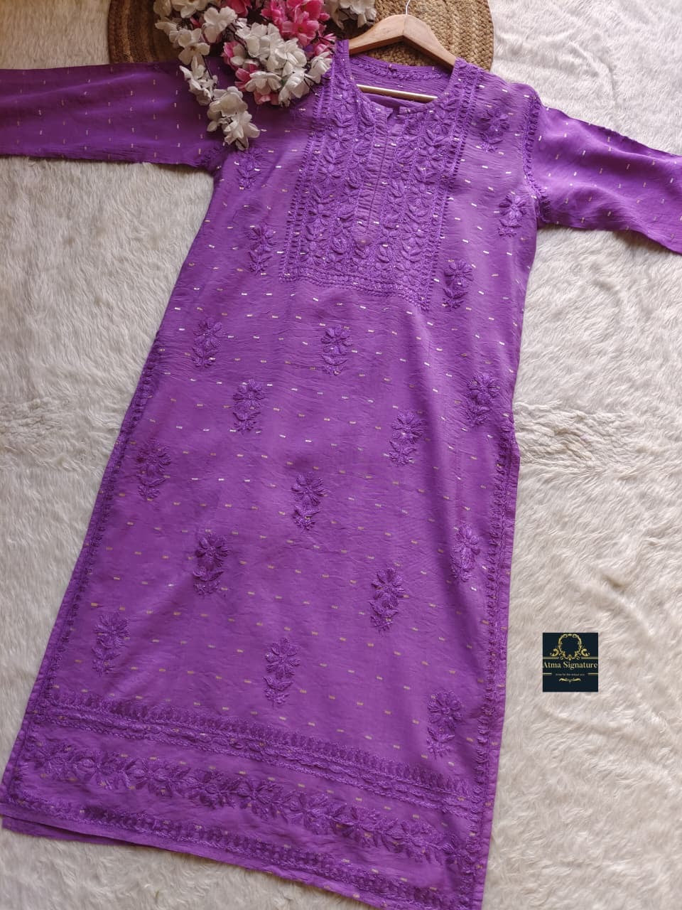 Premium chanderi silk zari buta chikankari kurti