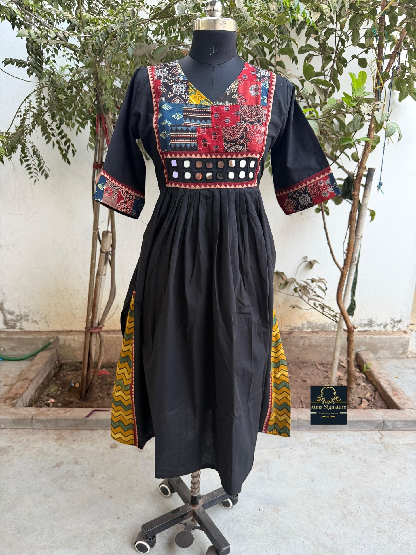 Soft cotton ajrakh mirror worked Kurti/ frock