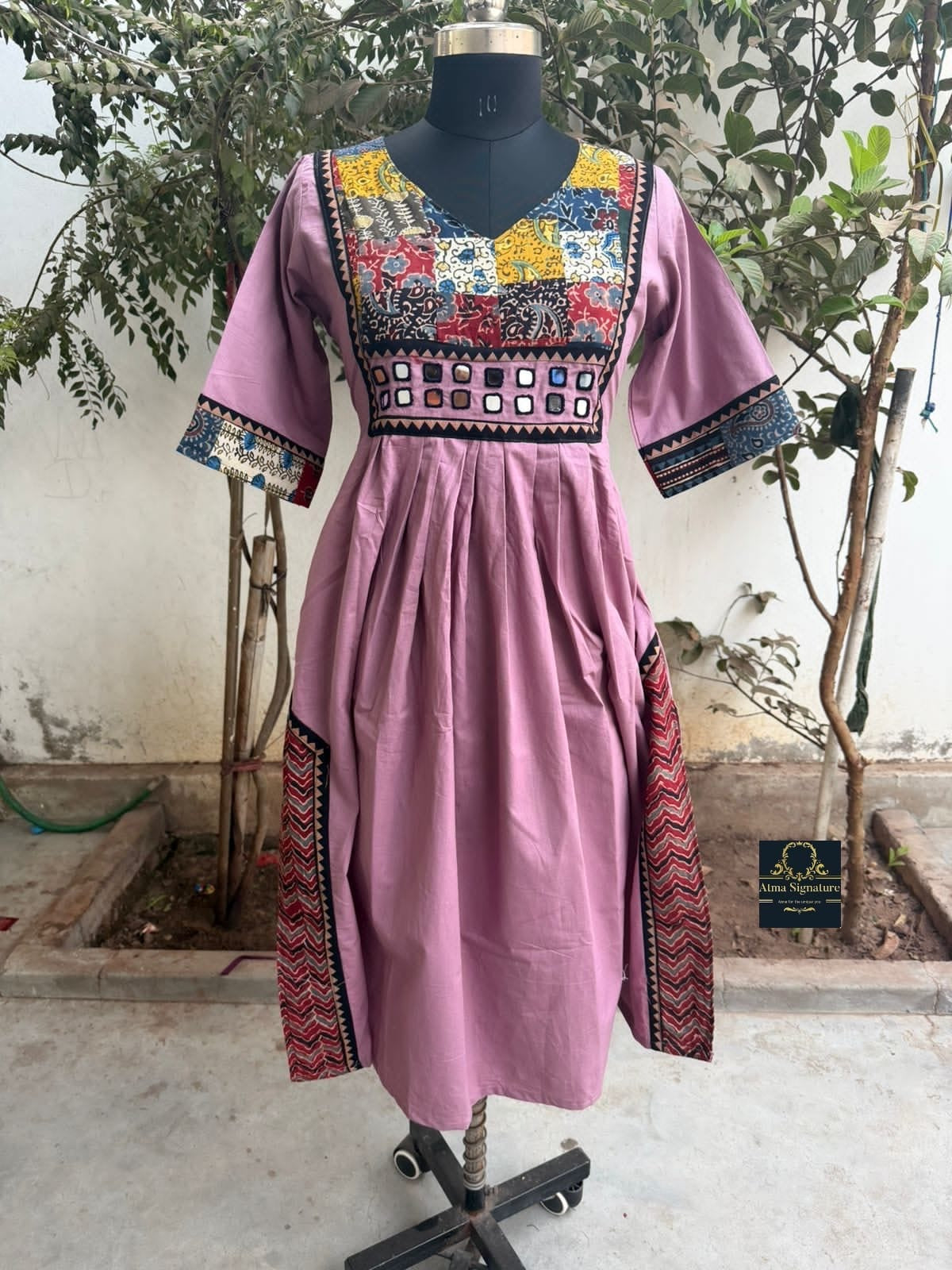 Soft cotton ajrakh mirror worked Kurti/ frock