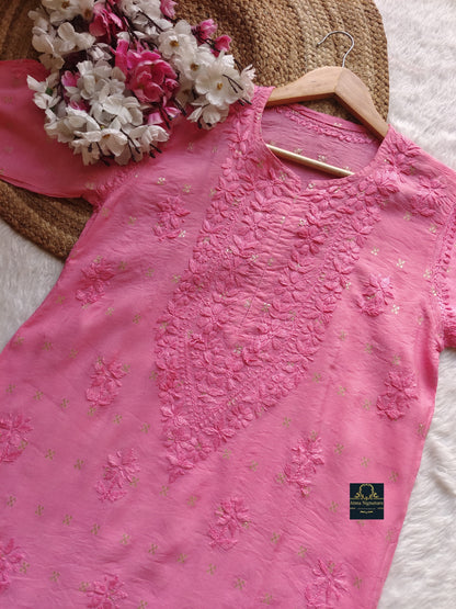 Premium chanderi silk zari buta chikankari kurti