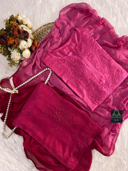 Ombre dyed chikankari kurti palazzo duppata set