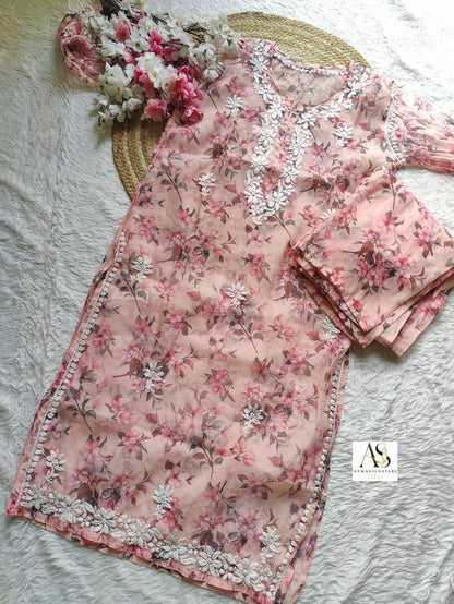 Ayla Floral Organza Chikankari Kurti Palazzo Set