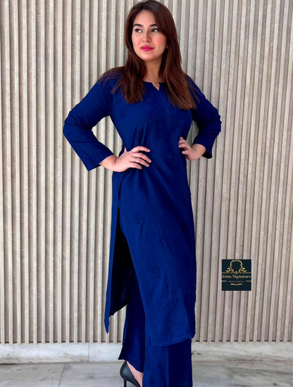 Aisha soft rayon chikankari kurti palazzo set