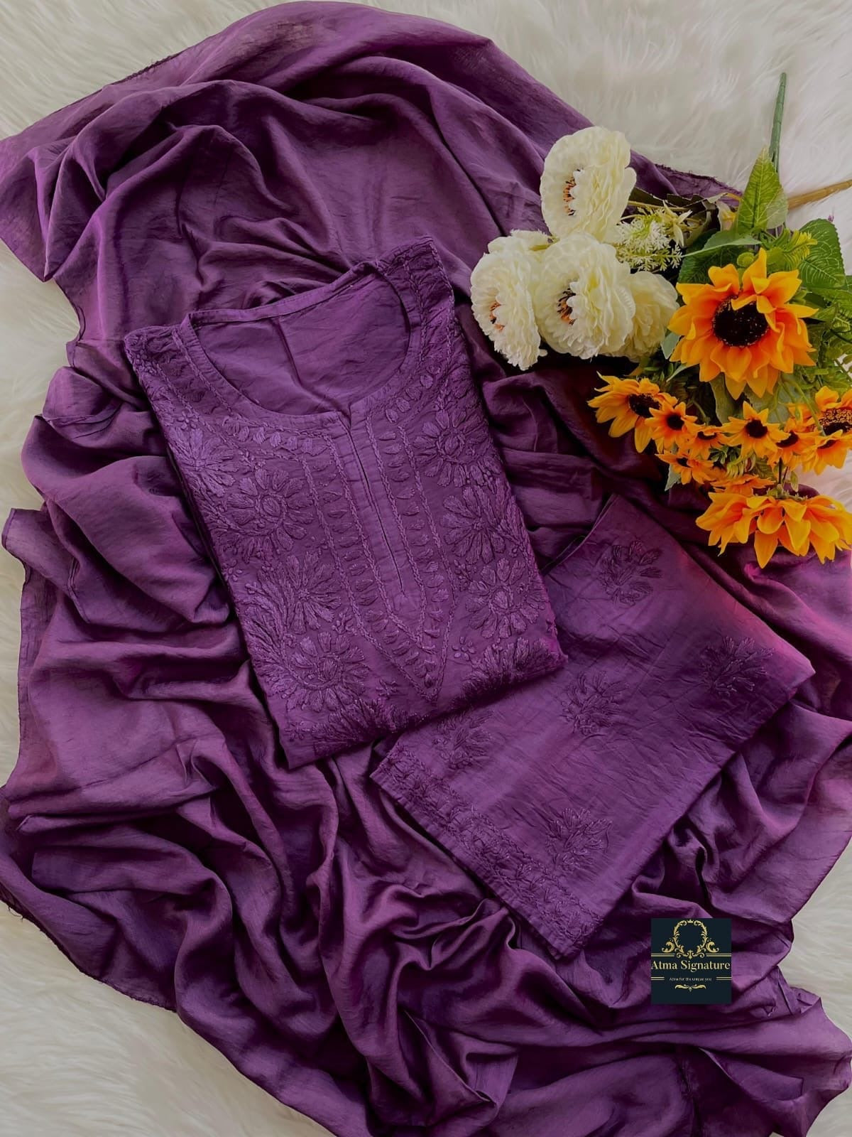 Chanderi silk chikankari handworked kurti palazzo duppata set