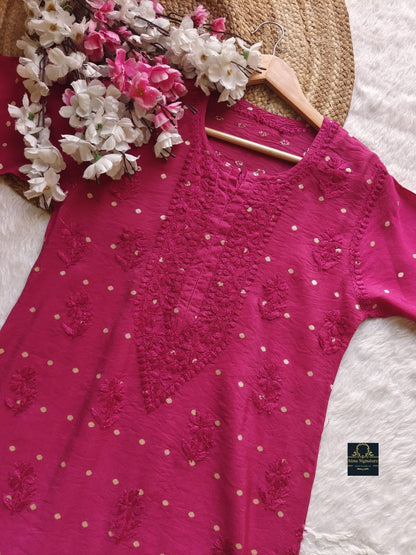 Premium chanderi silk zari buta chikankari kurti