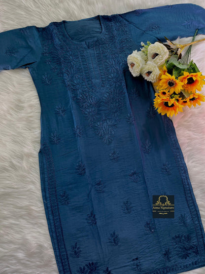 Chanderi silk chikankari handworked kurti palazzo duppata set
