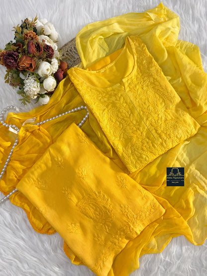Ombre dyed chikankari kurti palazzo duppata set