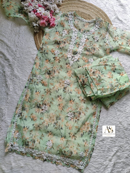 Ayla Floral Organza Chikankari Kurti Palazzo Set