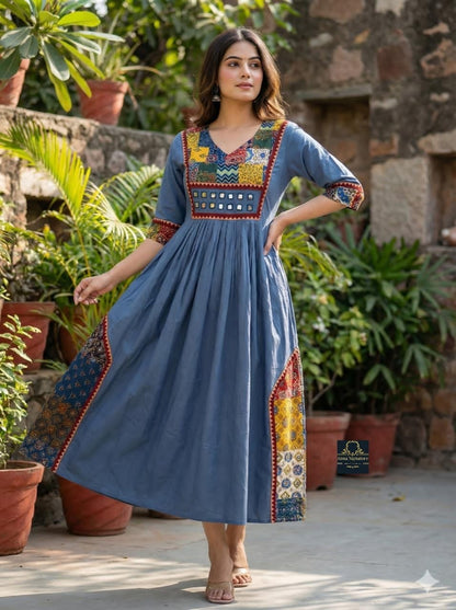 Soft cotton ajrakh mirror worked Kurti/ frock