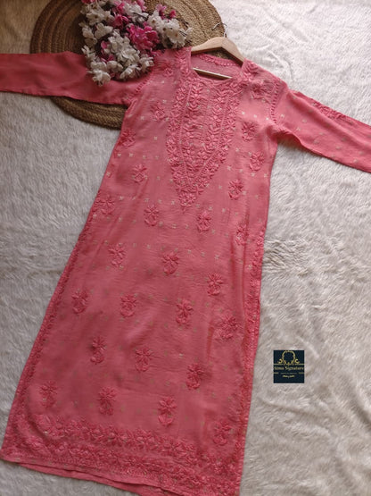 Premium chanderi silk zari buta chikankari kurti