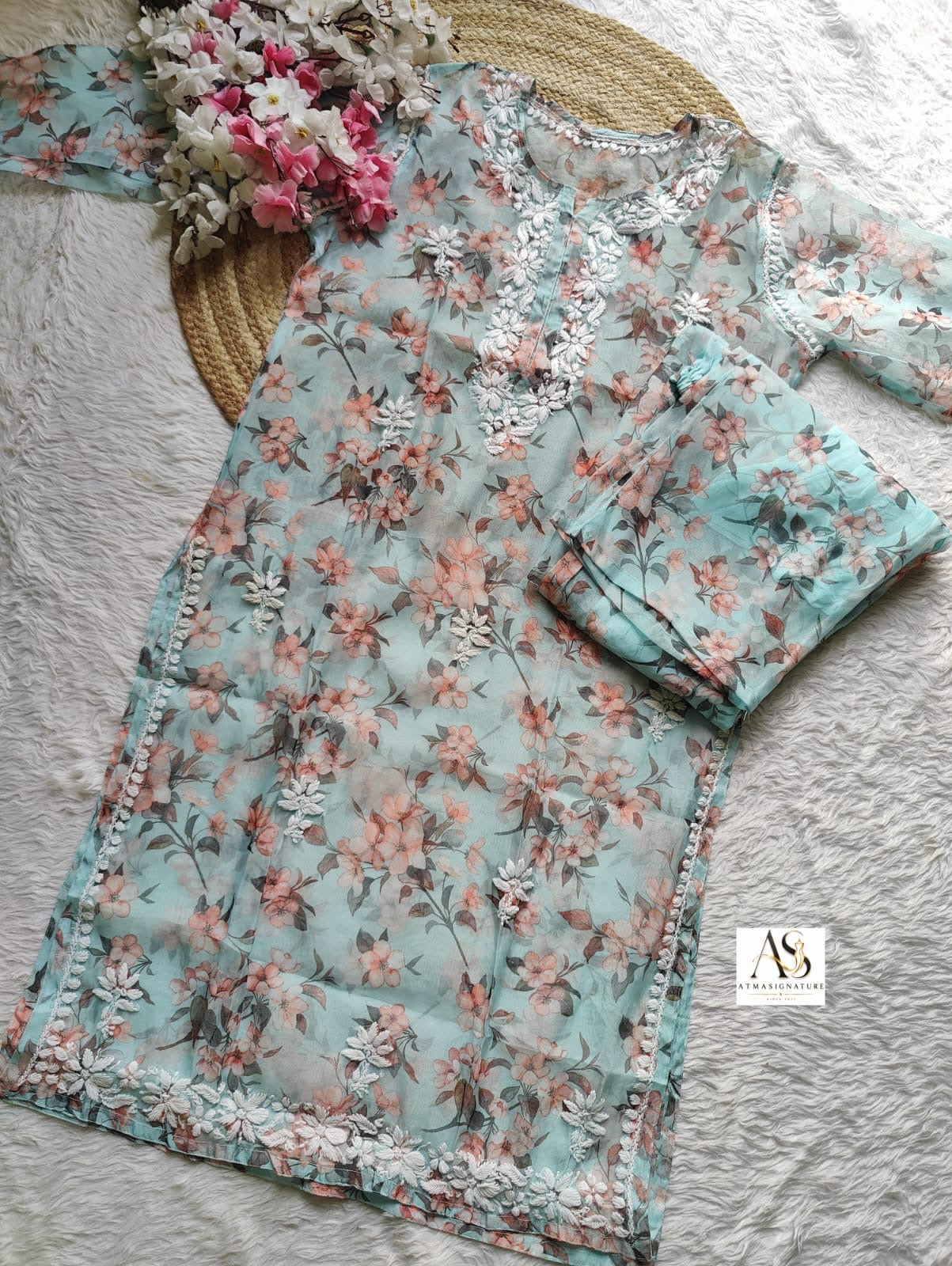 Ayla Floral Organza Chikankari Kurti Palazzo Set