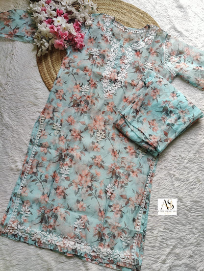 Ayla Floral Organza Chikankari Kurti Palazzo Set