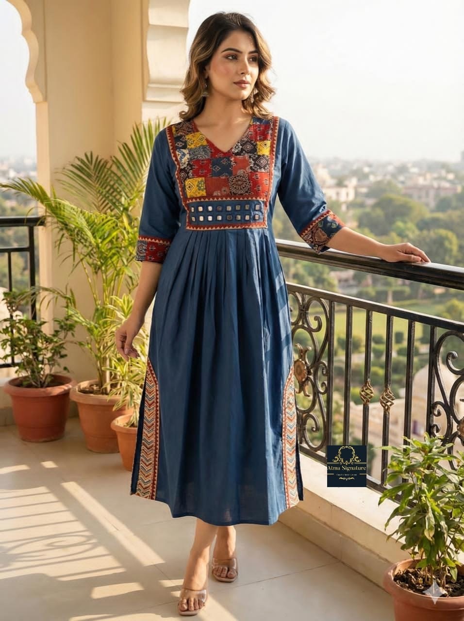 Soft cotton ajrakh mirror worked Kurti/ frock