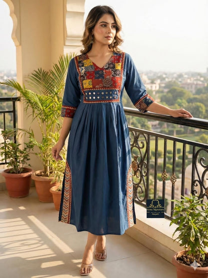 Soft cotton ajrakh mirror worked Kurti/ frock