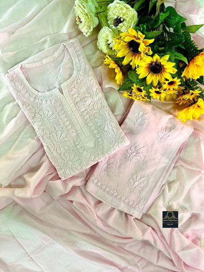 Chanderi silk chikankari handworked kurti palazzo duppata set
