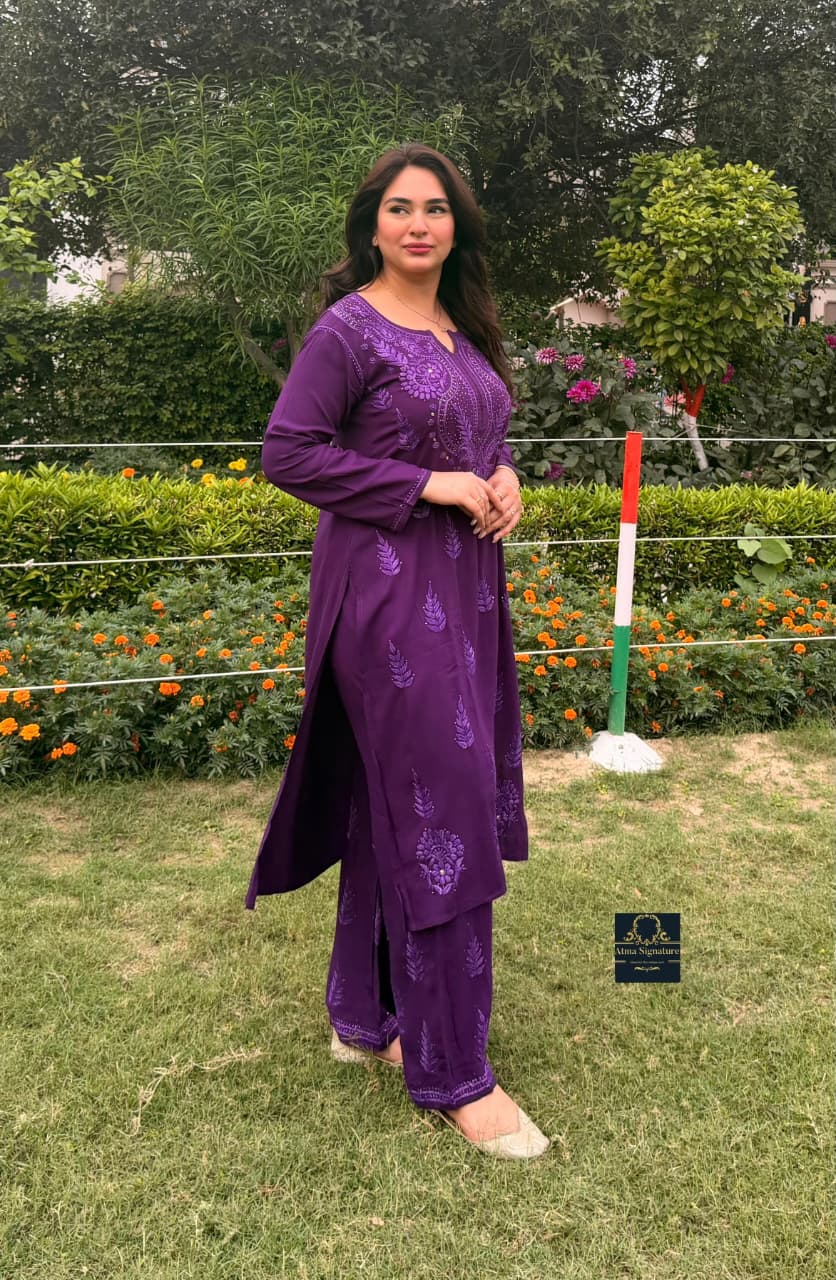 Soft rayon chikankari & mukaish handworked coord set