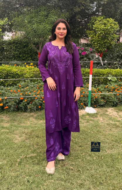Soft rayon chikankari & mukaish handworked coord set