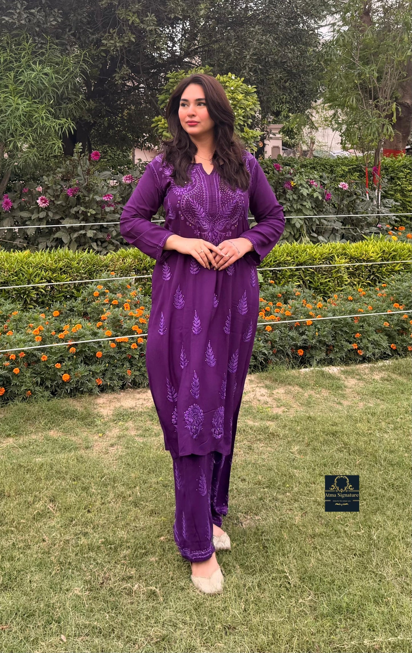 Soft rayon chikankari & mukaish handworked coord set