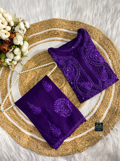 Soft rayon chikankari & mukaish handworked coord set