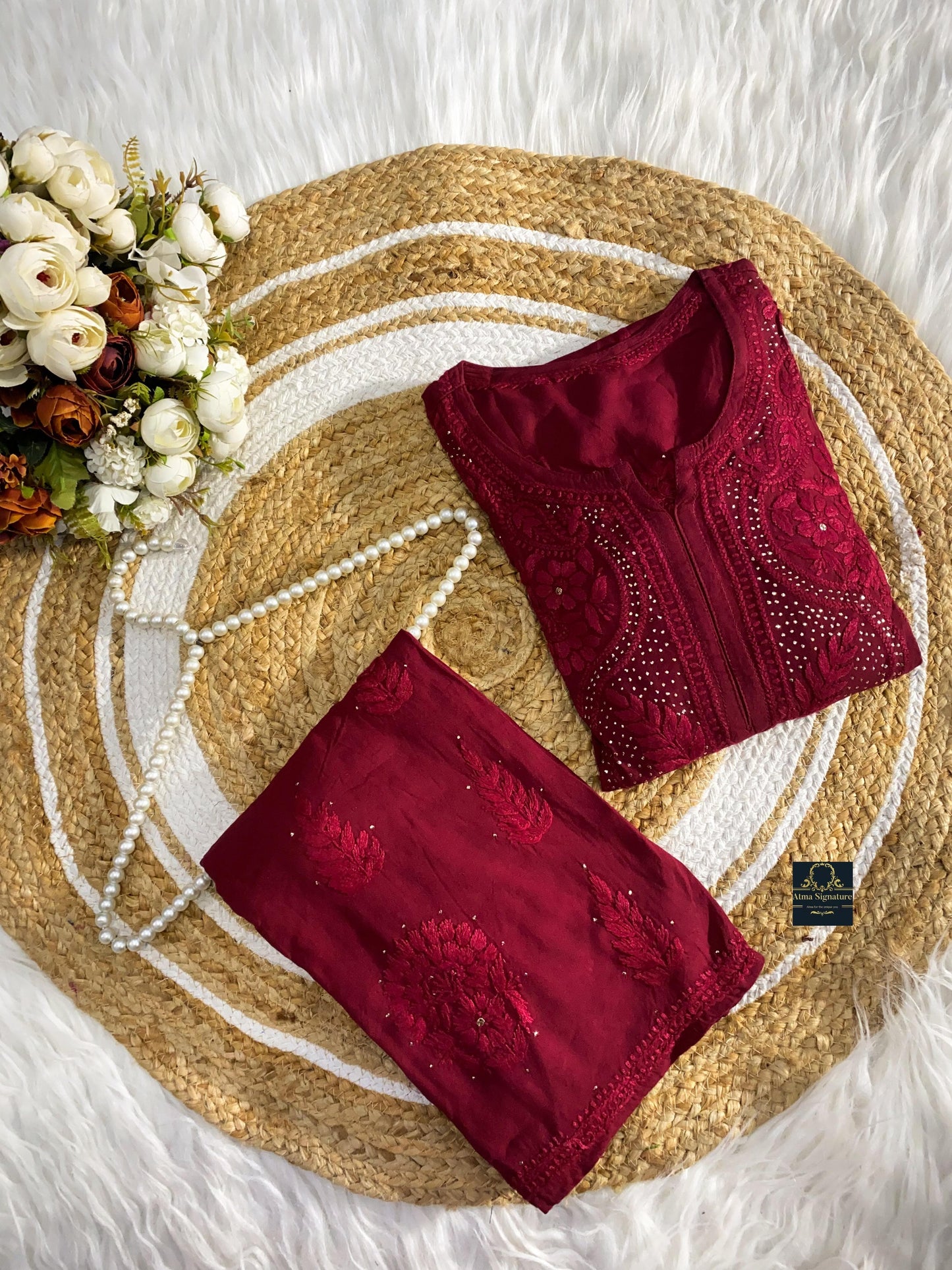 Soft rayon chikankari & mukaish handworked coord set