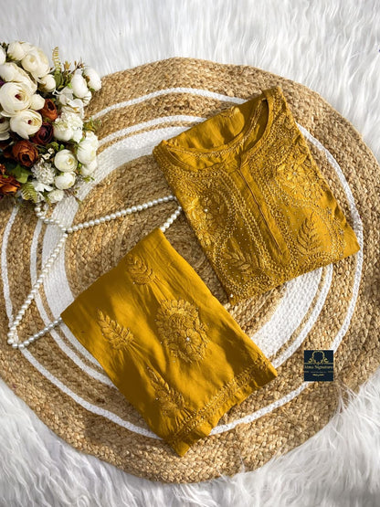 Soft rayon chikankari & mukaish handworked coord set