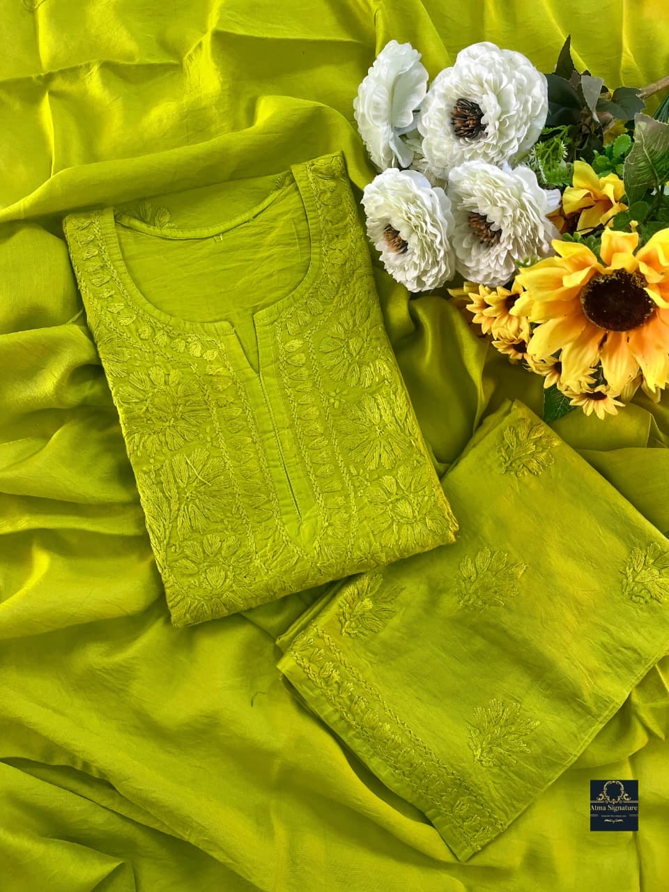 Chanderi silk chikankari handworked kurti palazzo duppata set
