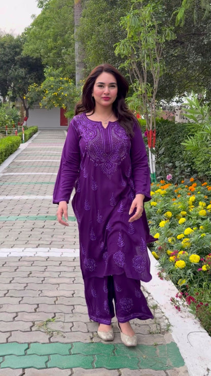 Soft rayon chikankari & mukaish handworked coord set